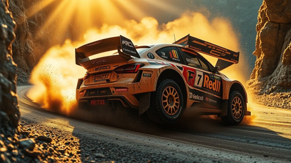 מכונית מרוצי ראלי WRC מבצעת דריפט מדויק ומבוקר על שביל עפר צר במיוחד על שפת תהום הררית עוצרת נשימה, עם ענני אבק וסלעים ניתזים באור שקיעה דרמטי.