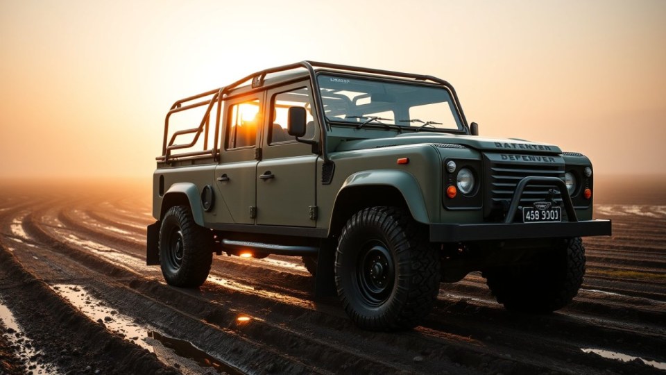 הדיפנדר הצבאי החדש Defender Wolf Series II ניצב בעוצמה במסלול הניסויים הבריטי מילברוק באור שחר דרמטי.