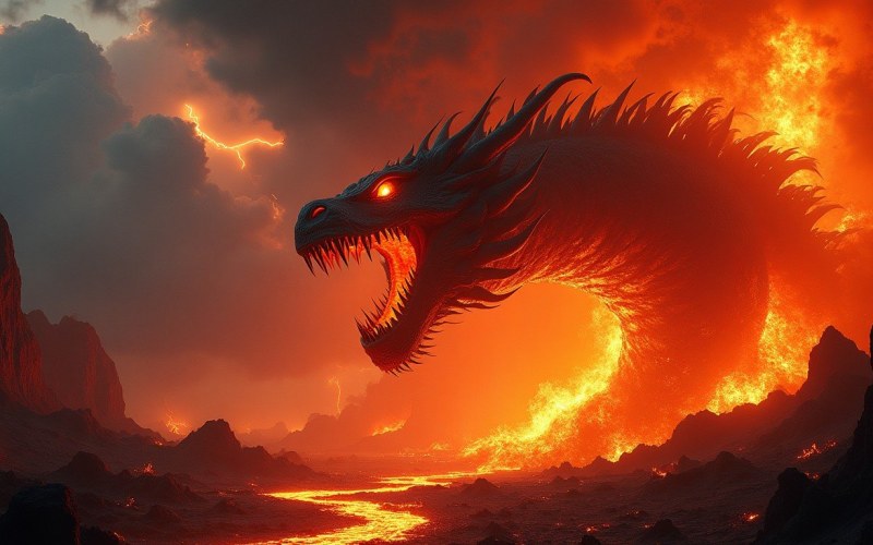 A breathtaking cinematic photorealistic depiction of Typhon, the colossal volcanic monster of Greek mythology. Multiple serpentine dragon heads with fiery glowing eyes rise from an erupting volcano surrounded by dramatic dark storm clouds, brilliant lightning strikes, rivers of molten lava, and swirling ash, hyper-detailed, epic scale, 8k resolution, photorealistic lighting, 16:9 aspect ratio