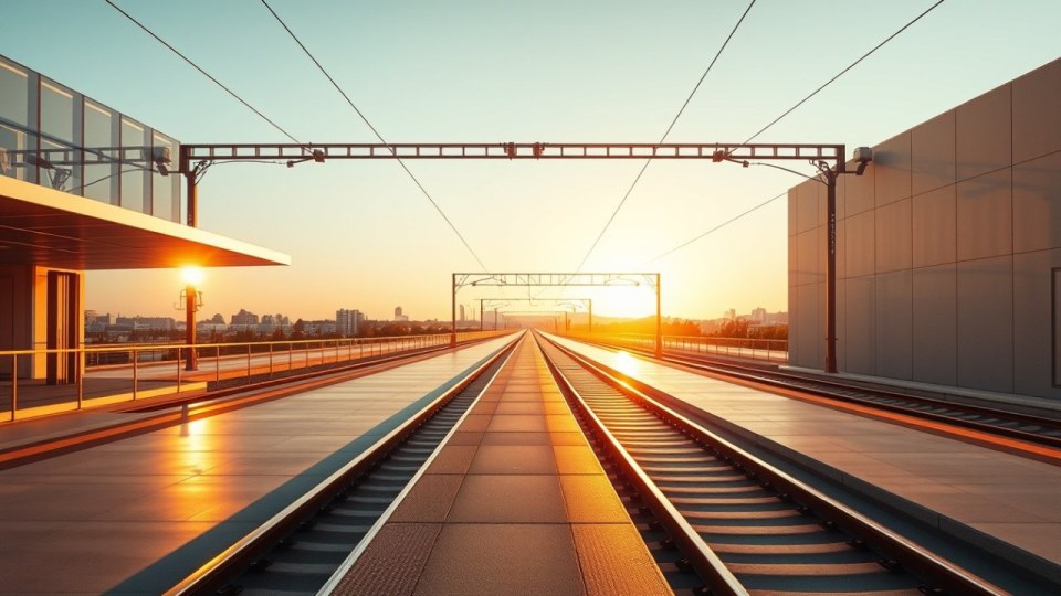 רציף רכבת מודרני ושקט באור צהריים רך, פסי הרכבת נמתחים אל האופק בהדממה מוחלטת לקראת יום כיפור.